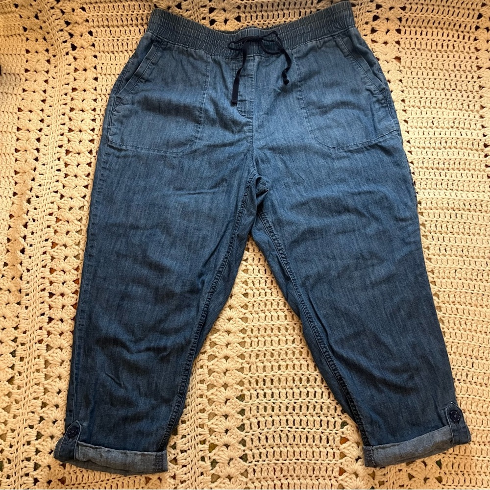 Talbots Chambray Rolled Hem Elastic Waist Easy Slim Leg Pants Size Petite Large